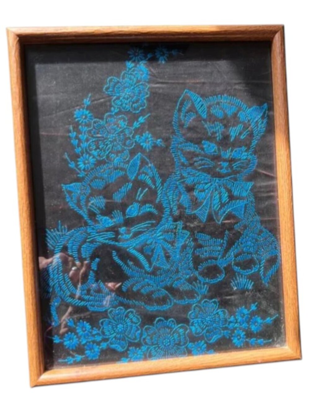 Vtg 1970s Embroidered Kittens Wall Art Framed Blue Crewel Stitch Black Fabric
